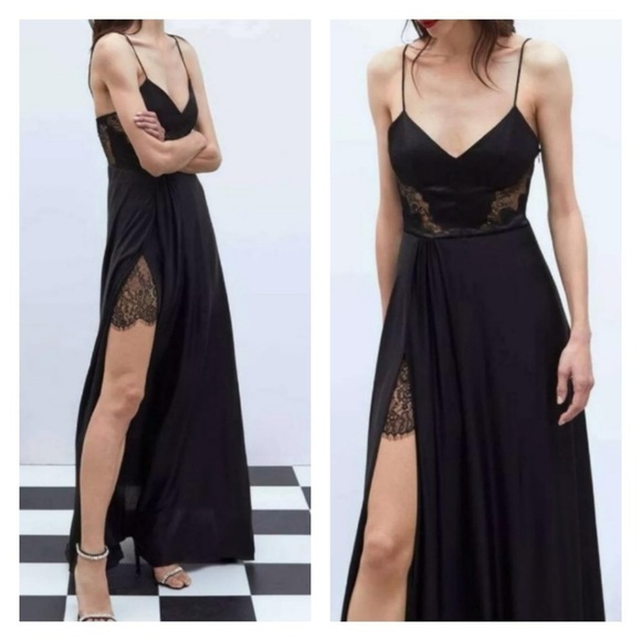 ZARA Black Lace Satin High Slit Cutout Formal Maxi Dress Large Blogger Favorite - Picture 3 of 6